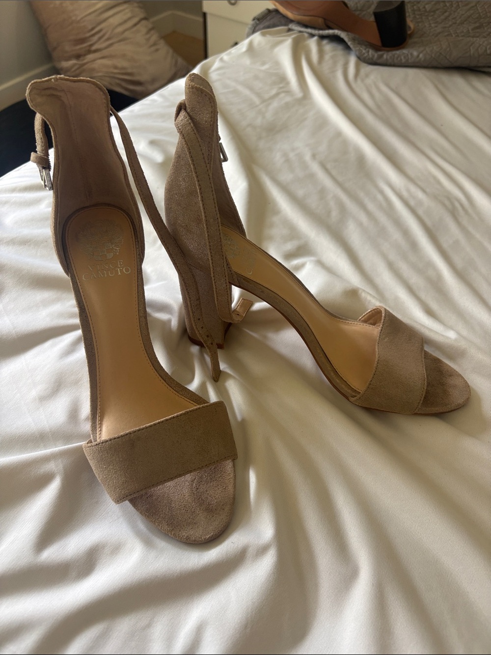 Vince Camuto Neutral Taupe Suede Open-Toe Ankle-Strap Heels